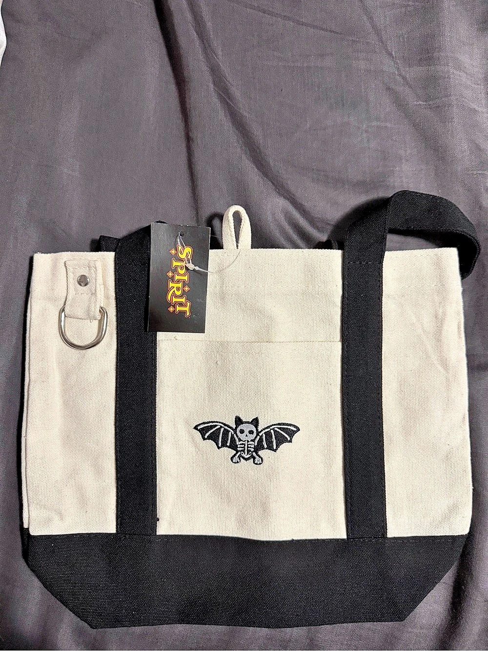 Spirit Halloween Skeleton Bat Tote in Black & Cream NWT 2026